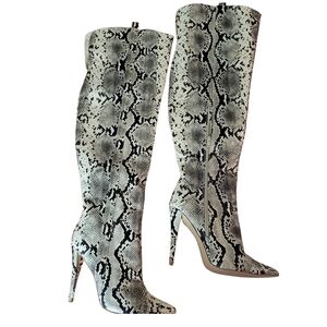 Black and White Stiletto Heeled Boots with Snakeskin Print